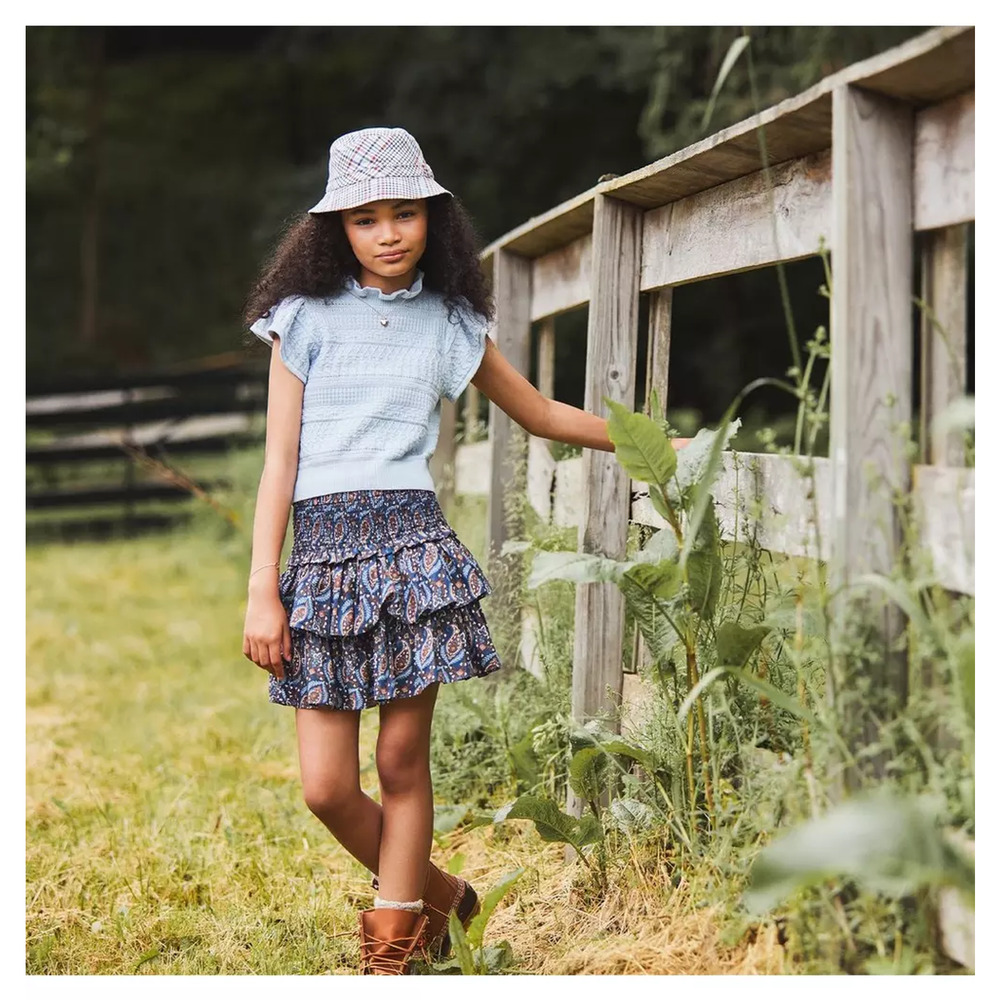 Janie and Jack Girls Skirt 8 Cotton Navy Brown White Elastic Waist Tiered